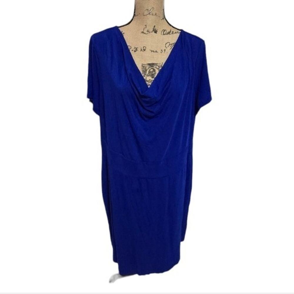 Talbots Womans Comfy Casual Royal Blue Cowl Neck Short Sleeve Midi Knit Dress 2X